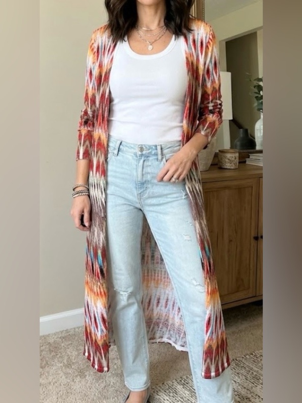 Chico's Jackpot Aztec print longline cardigan duster multicolored linen 2 lg
